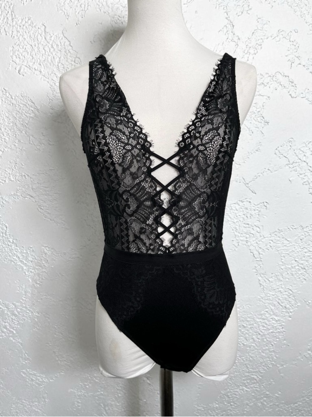 Black Lace Bodysuit Deep V Lace-Up Sheer Lingerie Y2K Goth S